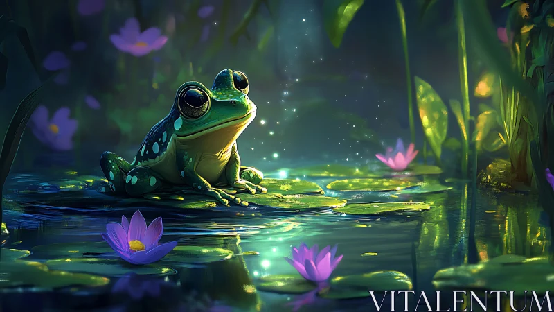 Enchanted frog rests on glowing lily pads at dusk.