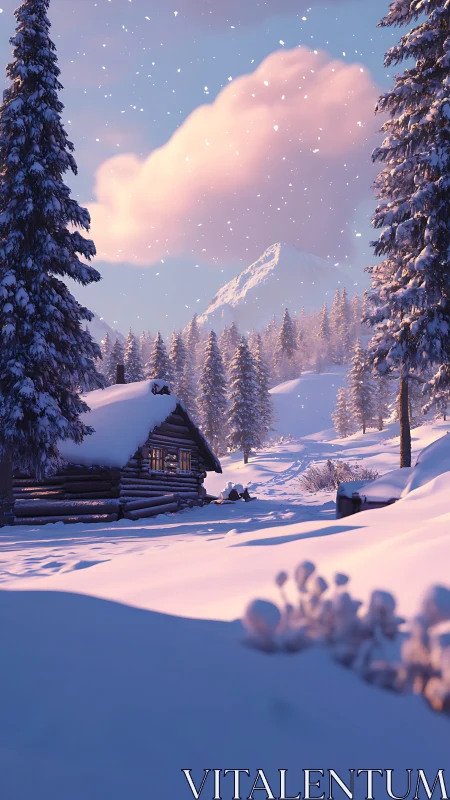Snowy cabin glow under gentle mountain twilight skies.