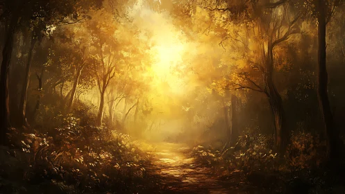 Digital painting of luminous autumn forest path composition.