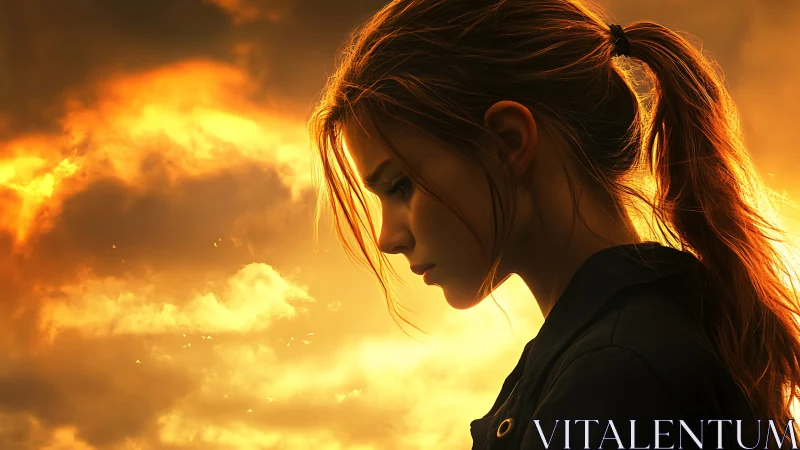 Pensive young woman in profile against blazing sunset sky.