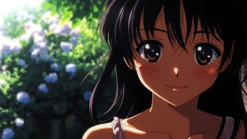 Sunlit garden smile with soft anime summer warmth.