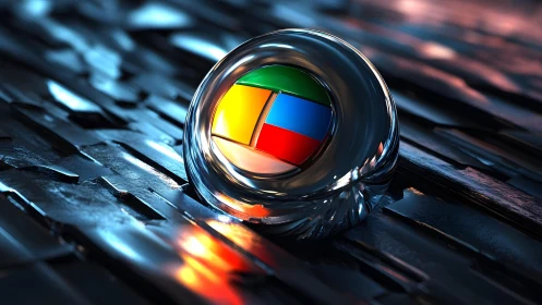 Futuristic glass orb with colorful segmented logo on metallic surface.