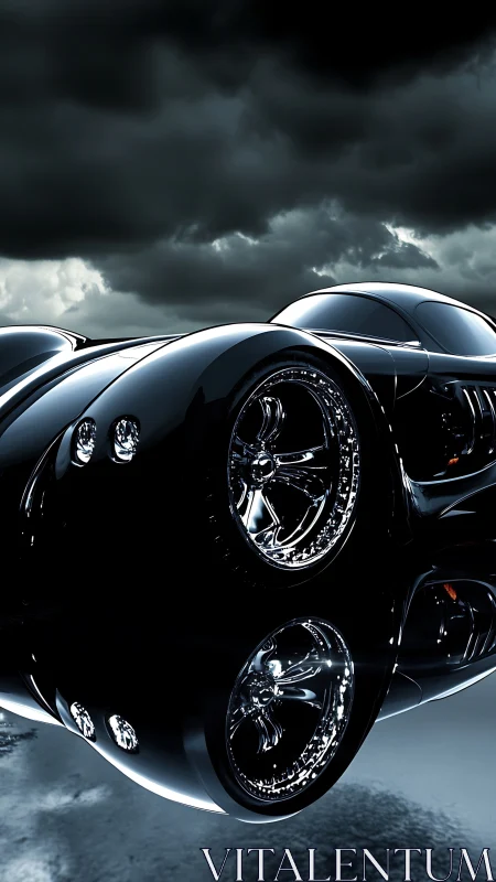 Noir hypercar profile with chrome wheels and stormy reflections