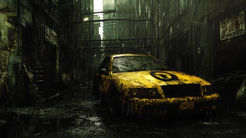 Abandoned yellow taxi decays in rain soaked cyberpunk alley.