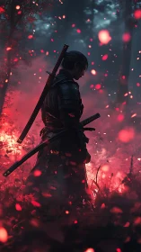 Lone samurai in burning crimson forest at dusk.