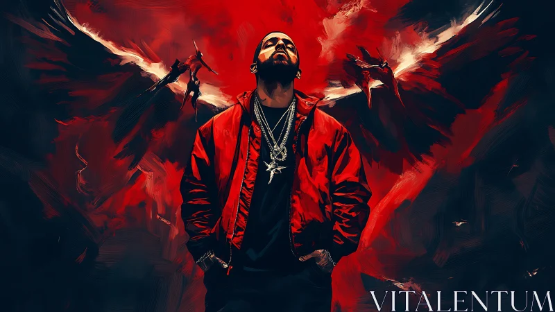 Male figure in red jacket before abstract winged form.