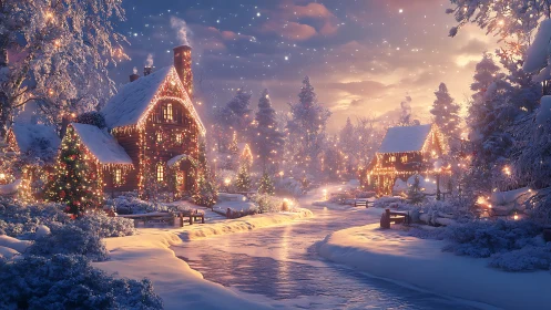 Snow covered village houses with winter lights at dusk.