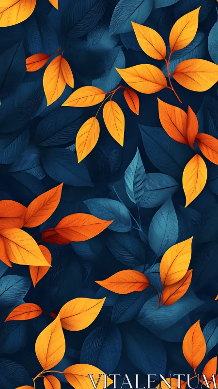 Vibrant orange leaves over deep blue botanical pattern.