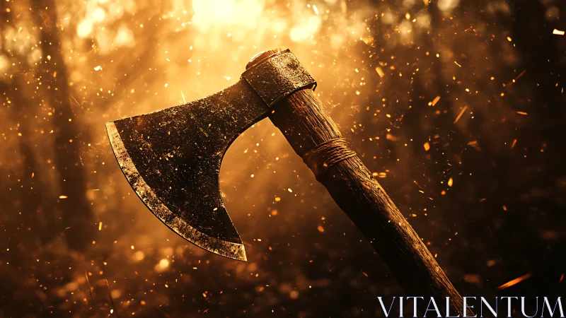 Battle-worn axe head and wooden handle lit by warm sparks