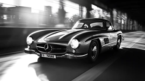 Classic Mercedes coupe speeds through sunlit urban tunnel