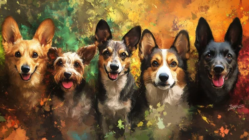 Five small dogs against abstract multicolor painted backdrop.