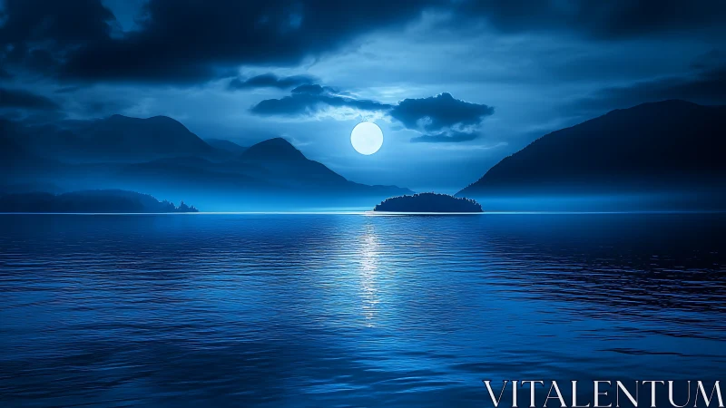 Nocturnal lakescape with full moon reflection and misty islet