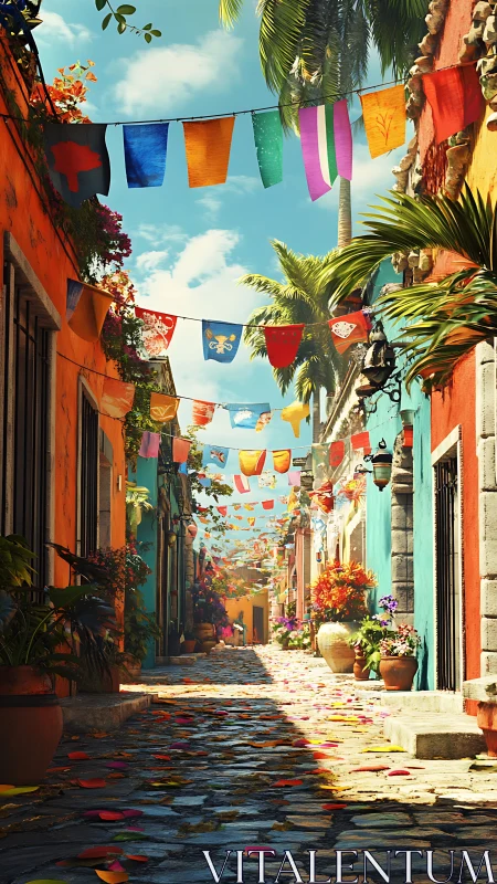 Color-saturated cobblestone alley with flags under strong midday sun