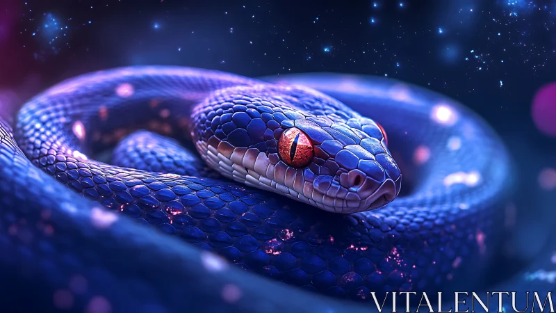 Blue iridescent snake with red eyes in cosmic lighting.