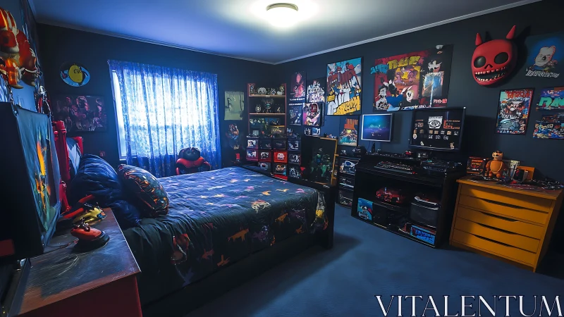 Wall-to-wall gamer bedroom with saturated blue ambient lighting and posters