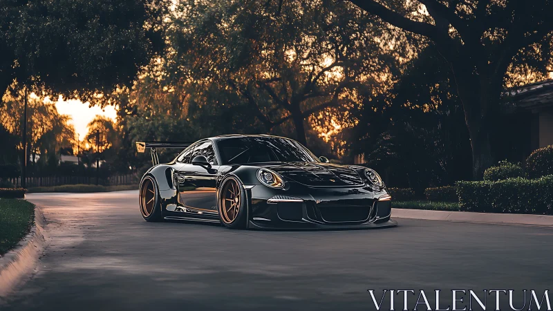 Low-slung black sports car occupies residential street at dusk