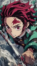 Intense anime swordsman with red hair in dynamic attack