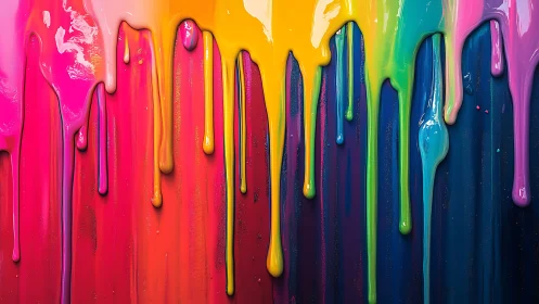 High-viscosity rainbow acrylic paint drips across textured panel