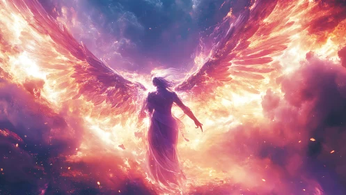 Fiery celestial angel rising through radiant storm clouds.
