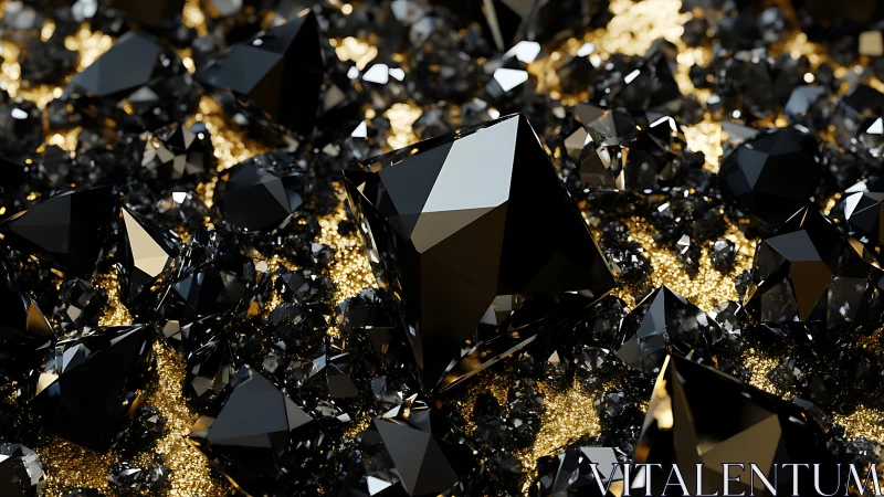 Black faceted polyhedral crystals rest on granular gold substrate