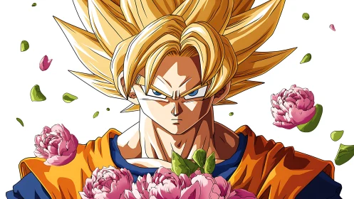 Blazing warrior hair crowns a storm of gentle pink blooms