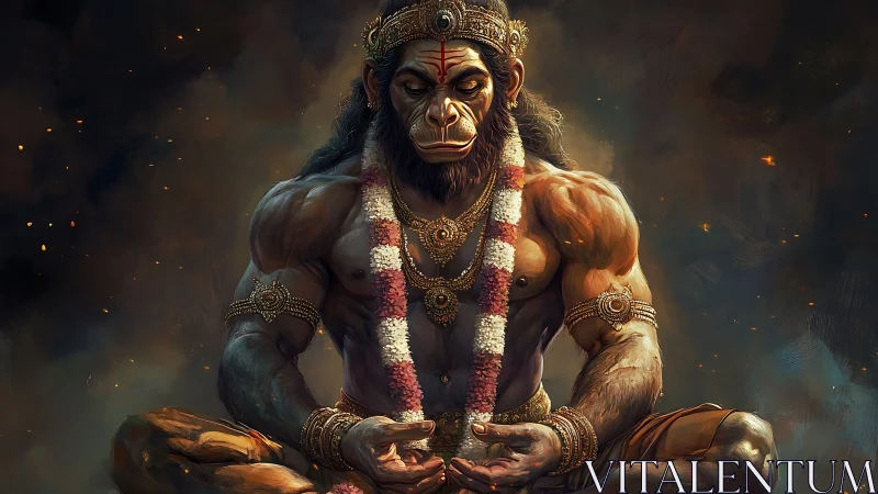 Muscular monkey-headed deity sits cross-legged in meditation