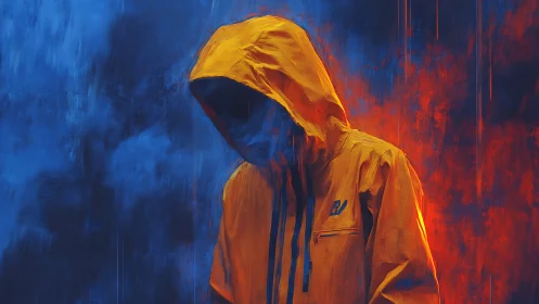 Hooded figure in yellow jacket against blue red haze.