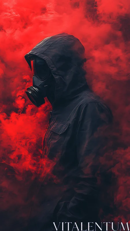 Mysterious hooded figure stands calm in swirling red smoke
