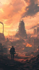 Solitary figure surveys burning dystopian industrial sprawl.