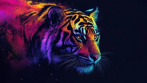Neon tiger portrait with vibrant cosmic color bursts.