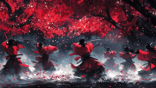 Samurai warriors charge through crimson forest mist.