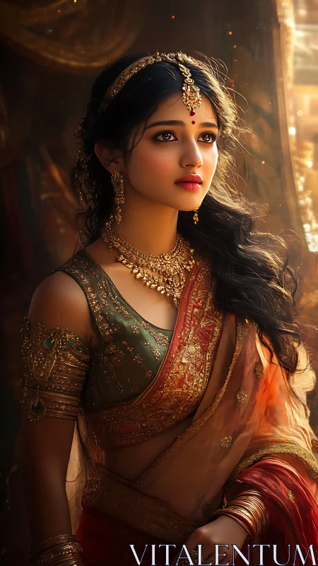 Portrait of woman in ornate saree with gold jewelry.