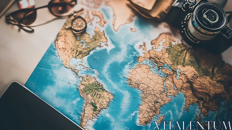 Travel planning still life shows world map with vintage camera