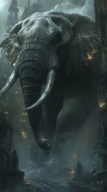Colossal stone elephant strides through a ruined dark city.