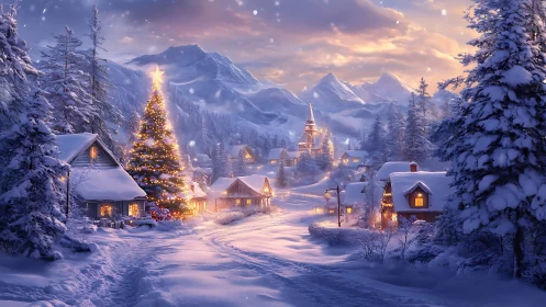 Snowy village street with lit Christmas tree at dusk.