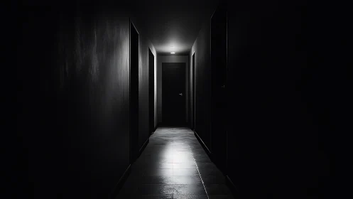 Monochrome corridor receding into deep negative space.
