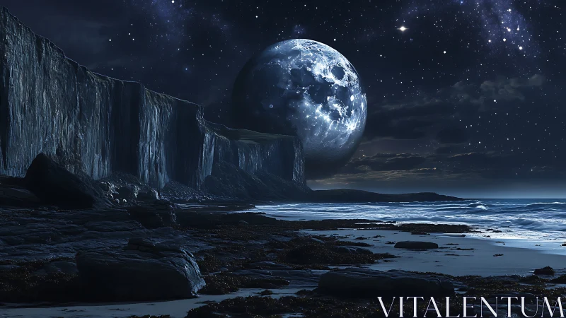 Moon-sized sphere rises behind sea cliffs under starry sky