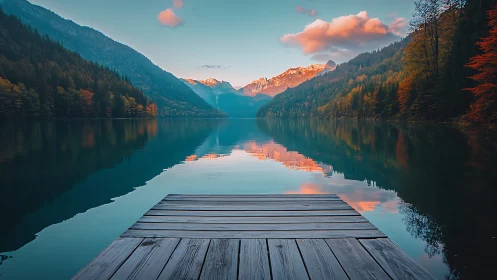 Wooden dock on calm alpine lake with sunset mountains