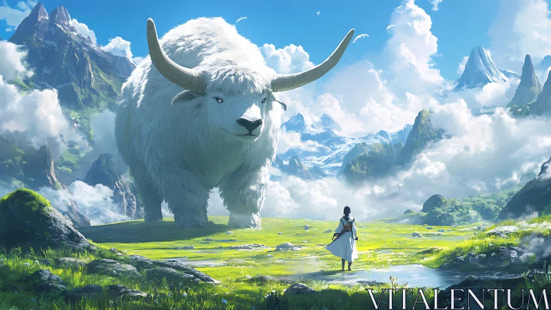 Colossal cloud-beast pauses to greet a lone mountain wanderer