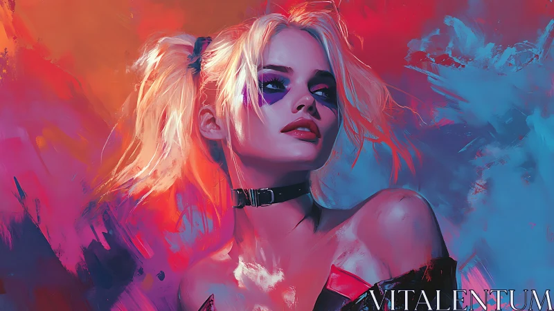 Blonde punk woman with smeared makeup stands in neon light