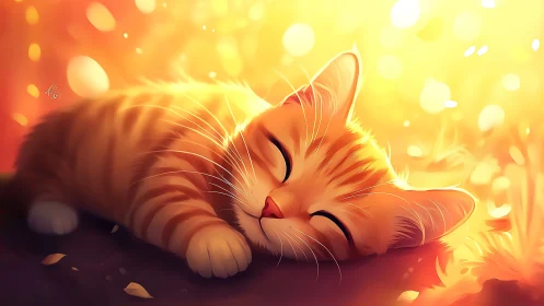 Dreaming Tiger Kitten Basked in Golden Sunlit Warmth.