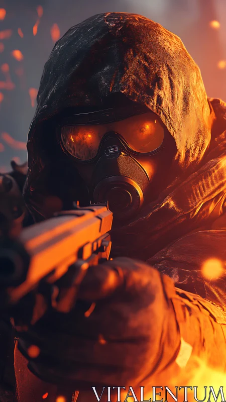 Hooded survivor in glowing mask aims forward through fire