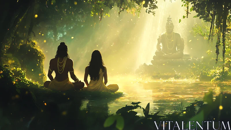 Mystical river meditation before golden-lit stone deity statue.