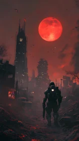 Blood-red moon over ruined cyber cityscape at dusk.
