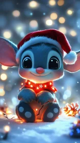 Cute blue creature wears Santa hat under soft lights