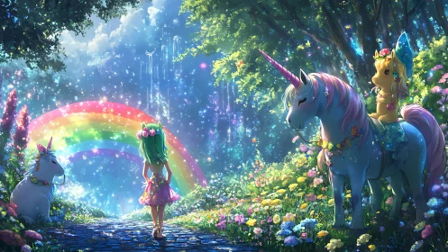 Fantasy forest path with unicorns, rainbow and children.