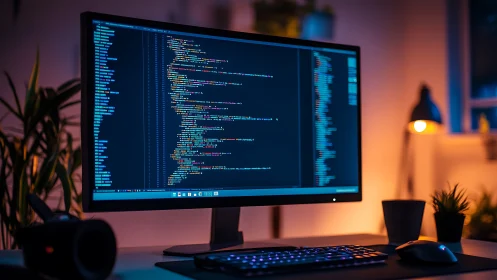 Wide monitor displays colorful code in moody workspace