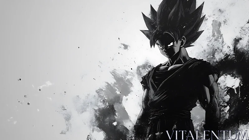 Monochrome anime warrior rendered with dynamic ink dispersion