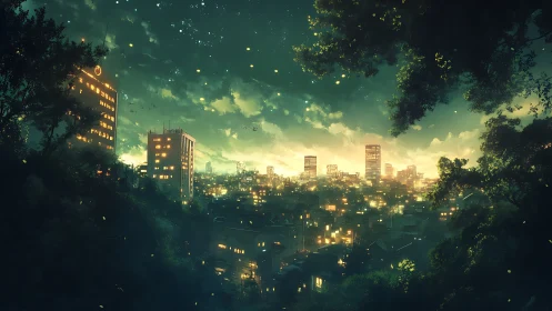 Forest-framed futuristic cityscape under glowing night sky.