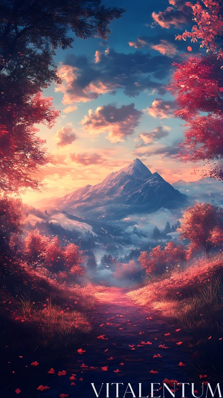 Crimson forest pathway welcomes sunrise over distant peaks